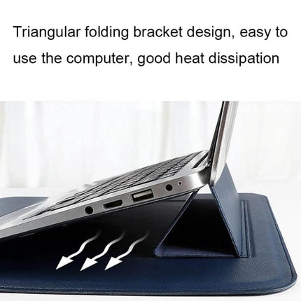 Leather Laptop Bag with Stand for 14-15 Inch Devices showing triangular folding bracket for stable viewing and improved heat dissipation