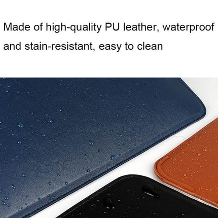 Leather Laptop Bag with Stand for 14-15 Inch Devices showing waterproof PU leather close-up with water droplets, stain-resistant and easy to clean