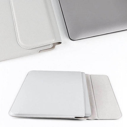 Leather Laptop Bag with Stand for 14-15 Inch Devices in light gray PU leather, folded and open showing integrated triangular stand and laptop