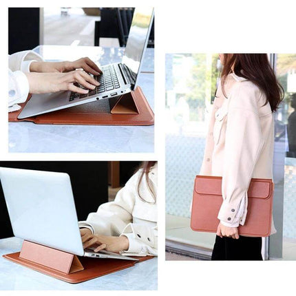 Leather Laptop Bag with Stand for 14-15 Inch Devices - PU leather folio with built-in triangular stand for travel and mobile workstation