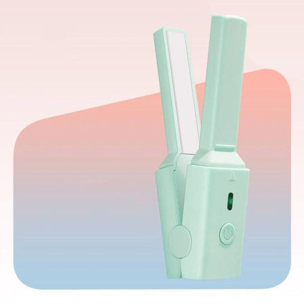 Dual-Use Mini Electric Hair Straightener, Cherry Pink shown compact USB-powered with ceramic PTC heating for travel touch-ups