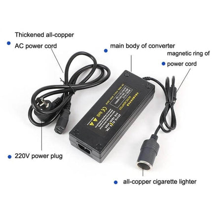 220V to 12V Power Converter for Household and Car Devices - black rectangular converter with AC power cord and cigarette lighter socket, protection labels