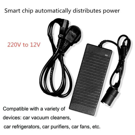 220V to 12V Power Converter for Household and Car Devices - black adapter with power cord and cigarette lighter output, protects against overcurrent and short circuit