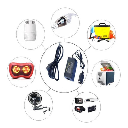 220V to 12V Power Converter for Household and Car Devices shown with cords and compatible car accessories like mini fridge, vacuum, fan and chargers