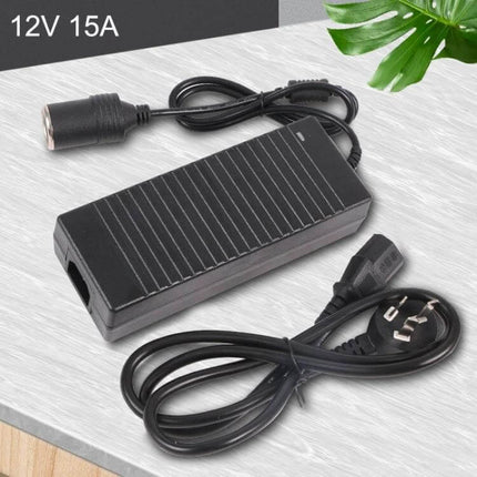 220V to 12V Power Converter for Household and Car Devices small black adapter with 12V 15A socket and EU power cord for home use