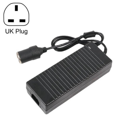 220V to 12V Power Converter for Household and Car Devices - black UK plug model with cigarette lighter socket and safety protection
