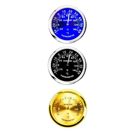 Thermometer for Monitoring Car Temperature on Night Drives — luminous round dashboard thermometers in blue, black and gold for night comfort