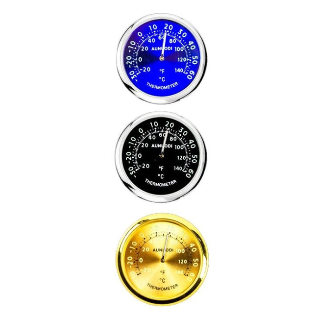 Thermometer for Monitoring Car Temperature on Night Drives — luminous round dashboard thermometers in blue, black and gold for night comfort