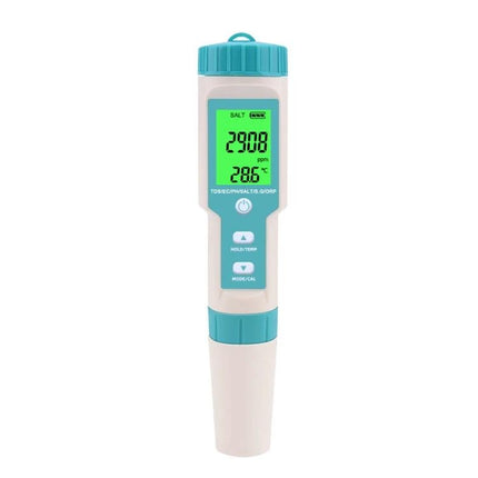 7-in-1 Water Quality Monitoring Pen for pH and Salinity Testing showing digital display with salinity (ppm) and temperature readings for aquariums and pools