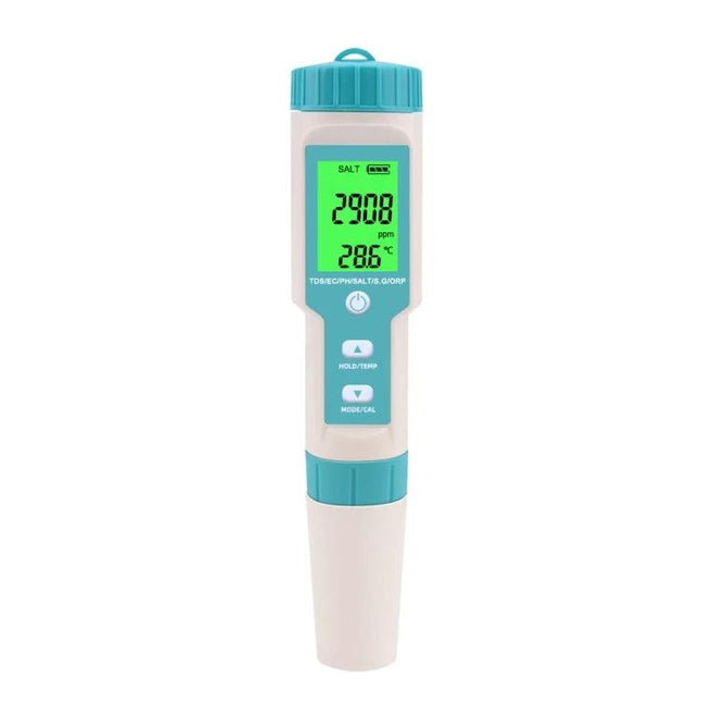 7-in-1 Water Quality Monitoring Pen for pH and Salinity Testing showing digital display with salinity (ppm) and temperature readings for aquariums and pools