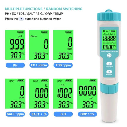 7-in-1 Water Quality Monitoring Pen for pH and Salinity Testing - handheld meter showing pH, EC, TDS, SALT, S.G., ORP and temperature readings
