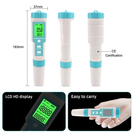 7-in-1 Water Quality Monitoring Pen for pH and Salinity Testing handheld meter showing LCD display measuring pH salinity TDS EC ORP SG temperature