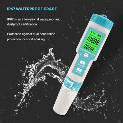 7-in-1 Water Quality Monitoring Pen for pH and Salinity Testing shown waterproof with splashing water and digital display
