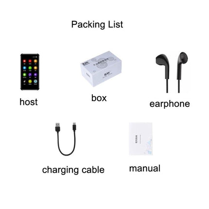 Portable Mini Tablet with Touch Screen for E-Books and Games packing list showing host, box, earphone, charging cable and manual