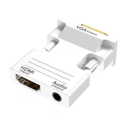HDMI to VGA Adapter with Audio for Monitors and Projectors showing white HDMI input, VGA output and 3.5mm audio jack
