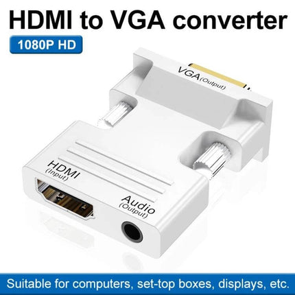 HDMI to VGA Adapter with Audio for Monitors and Projectors - white HDMI to VGA converter with audio jack for laptops, projectors and monitors