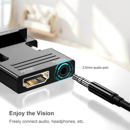 HDMI to VGA Adapter with Audio for Monitors and Projectors - compact black adapter showing HDMI input and 3.5mm audio port for headphones