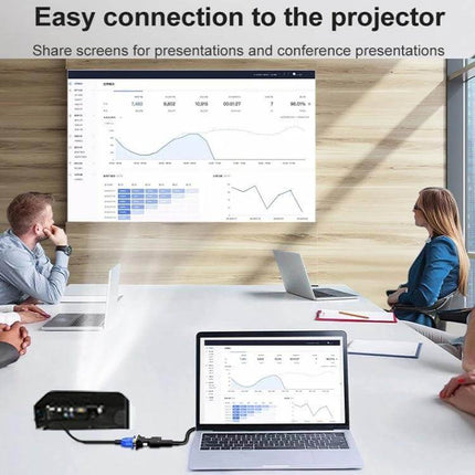HDMI to VGA Adapter with Audio for Monitors and Projectors showing laptop connected to projector for presentations with clear audio