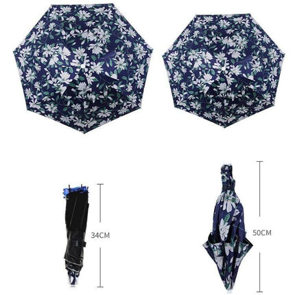 Double-Layer Folding Umbrella Hat for Fishing and Outdoor Protection - navy floral hands-free umbrella hat, folded and open views, 34cm/50cm dimensions