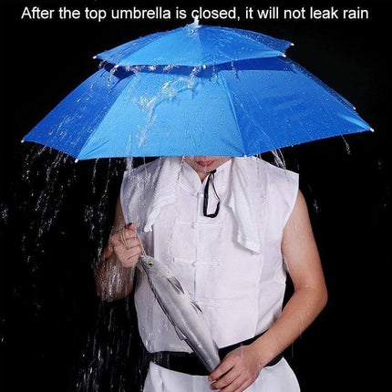 Double-Layer Folding Umbrella Hat for Fishing and Outdoor Protection - hands-free blue umbrella hat shielding angler from rain while holding a fish