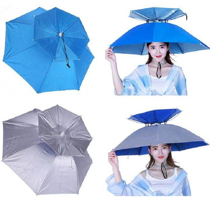 Double-Layer Folding Umbrella Hat for Fishing and Outdoor Protection hands-free blue folding umbrella hat shown on model