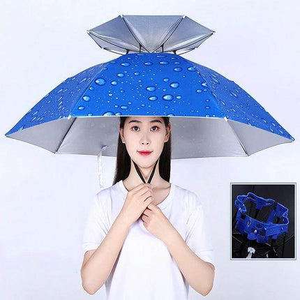 Double-Layer Folding Umbrella Hat for Fishing and Outdoor Protection - blue hands-free umbrella hat with water droplet print