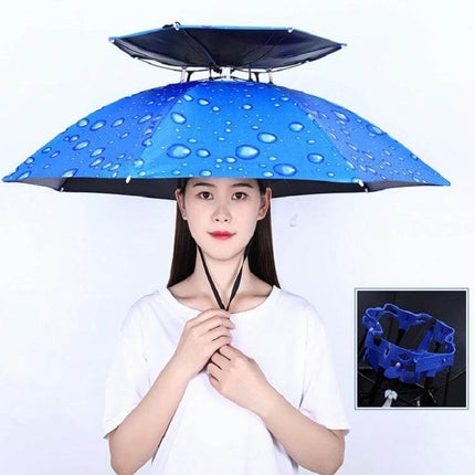 Double-Layer Folding Umbrella Hat for Fishing and Outdoor Protection - hands-free blue waterproof umbrella hat with adjustable chin strap