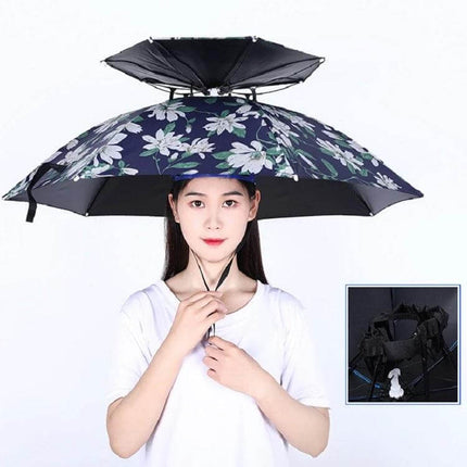 Double-Layer Folding Umbrella Hat for Fishing and Outdoor Protection - hands-free floral sun and rain shield with durable folding design