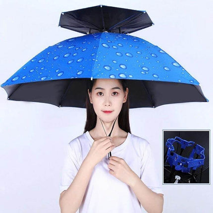 Double-Layer Folding Umbrella Hat for Fishing and Outdoor Protection - hands-free blue umbrella hat with water droplet pattern