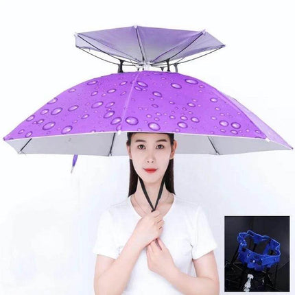 Double-Layer Folding Umbrella Hat for Fishing and Outdoor Protection - hands-free purple rainproof hat with double-layer folding canopy