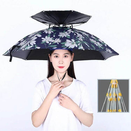 Double-Layer Folding Umbrella Hat for Fishing and Outdoor Protection - floral hands-free rain and sun shield