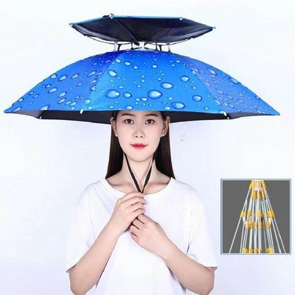 Double-Layer Folding Umbrella Hat for Fishing and Outdoor Protection - blue hands-free rain and sun shield hat with water droplet print