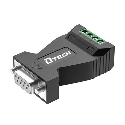 DTECH RS232 to RS485 Signal Converter with Surge Protection compact black adapter showing DB9 connector and screw terminal for industrial data transmission