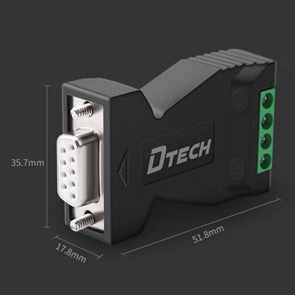 DTECH RS232 to RS485 Signal Converter with Surge Protection - compact black converter with DB9 and screw terminal, industrial surge-protected adapter