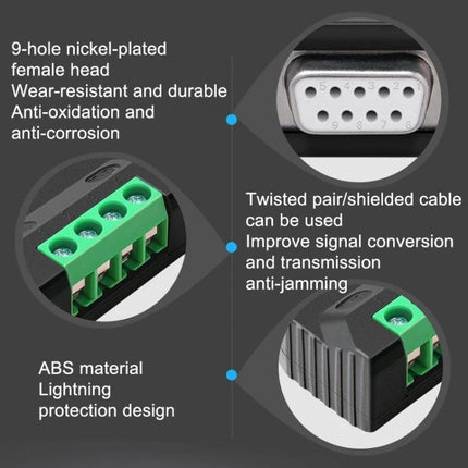 DTECH RS232 to RS485 Signal Converter with Surge Protection compact unit showing 9-hole nickel-plated DB9, green terminal block, ABS housing and twisted-pair support