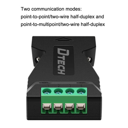 DTECH RS232 to RS485 Signal Converter with Surge Protection black unit showing 4-terminal RS485 connector and DTECH logo