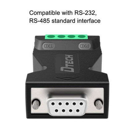 DTECH RS232 to RS485 Signal Converter with Surge Protection, front view showing RS232 port and RS485 terminal block for industrial data transmission