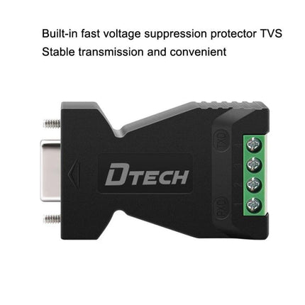 DTECH RS232 to RS485 Signal Converter with Surge Protection showing black converter with TVS surge protection and green terminal block