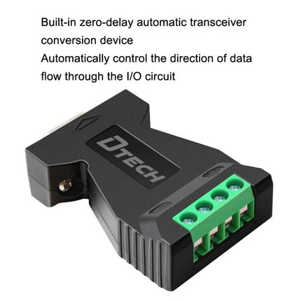DTECH RS232 to RS485 Signal Converter with Surge Protection compact black converter showing green terminal block and DTECH logo
