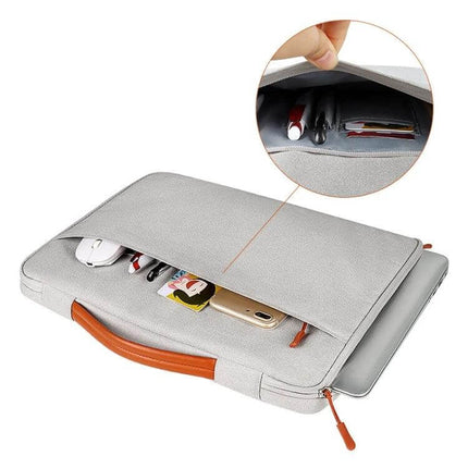 Waterproof Adjustable Handle Laptop Bag for 13.3 to 15.4 Inch Laptops in light gray with front pocket holding phone, mouse and pens, brown handle