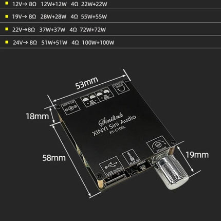 Bluetooth Stereo Amplifier for Wireless Home Audio Systems compact black board with rotary knob and dimensions labeled