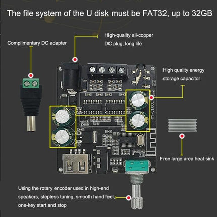Bluetooth Stereo Amplifier for Wireless Home Audio Systems compact motherboard board with rotary encoder, capacitors, DC jack and USB port
