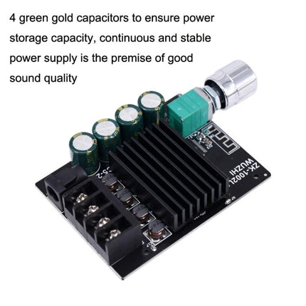 Mini Bluetooth Amplifier Board with Volume Adjustment Knob showing 4 green capacitors, heat sink, terminal block and volume knob for DIY speaker upgrades