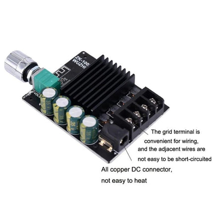 Mini Bluetooth Amplifier Board with Volume Adjustment Knob — compact Bluetooth 5.0 amp board with volume knob, heatsink, capacitors and screw terminals for 4–8Ω speakers
