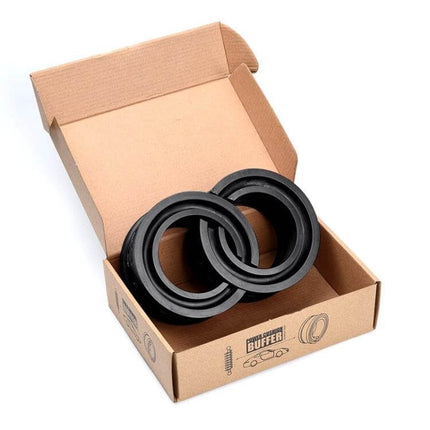 Universal Car Shock Absorber Rubber Spring For Smoother Ride - pair of black rubber springs in cardboard box to reduce vibration and improve ride control