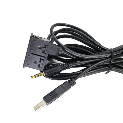 Car AUX USB Extension Cable For Car Audio 1m Length – black USB-A to 3.5mm AUX cable with OEM dash connector for in-vehicle audio and charging