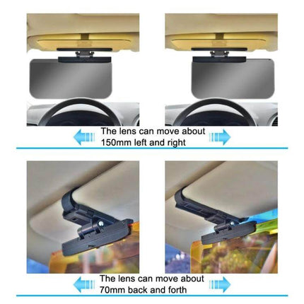 SHUNWEI Car Anti High Beam Visor Glasses For Day And Night Driving shown mounted on visor, adjustable lens sliding 150mm left-right and 70mm back-forth