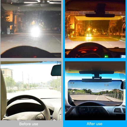 SHUNWEI Car Anti High Beam Visor Glasses For Day And Night Driving showing before-and-after glare reduction inside vehicle