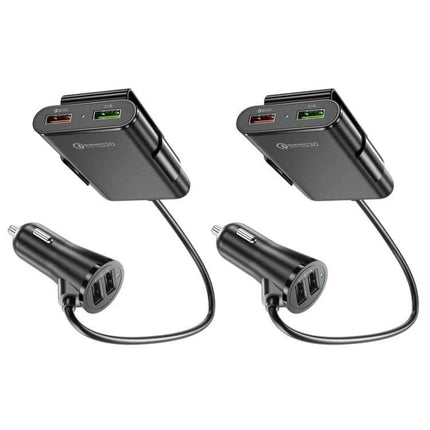 2-Pack Black Back Seat Car Charger For Passengers On The Go — dual 4-port rear-seat chargers with 1.7 m cords, PC fireproof piano-finish, 8A total at 5V