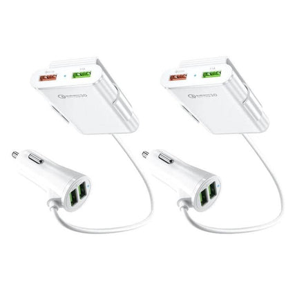 2-Pack Black Back Seat Car Charger For Passengers On The Go - white twin back-seat car chargers with 1.7 m cords, 4 USB ports, 8A total, piano finish